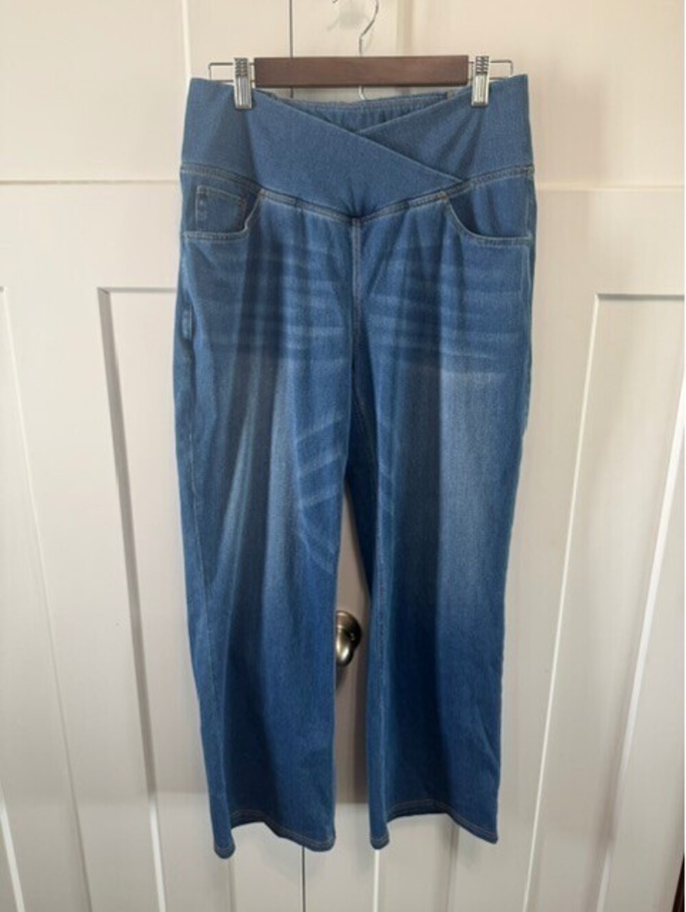 Halara light wash asymmetrical pull on stretchy denim wide leg in size Large